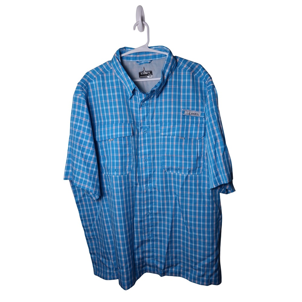 Habit Mens Fishing‎ Shirt Short Sleeve Plaid Blue White XL Excellent